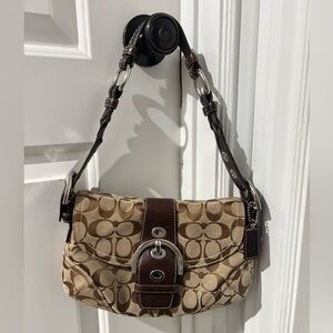 Coach C147 Signature Jacquard Y2K Shoulder Bag Brown Canvas Leather Buckle Hobo